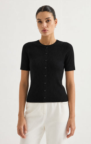 Short-Sleeve Ribbed Knit Cardigan