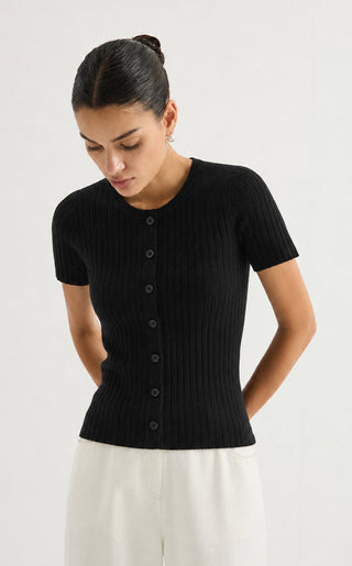 Short-Sleeve Ribbed Knit Cardigan
