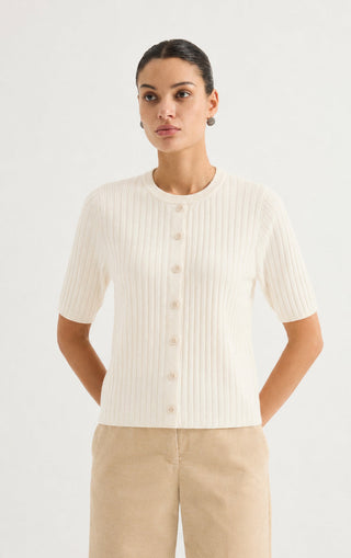 Short-Sleeve Ribbed Knit Cardigan
