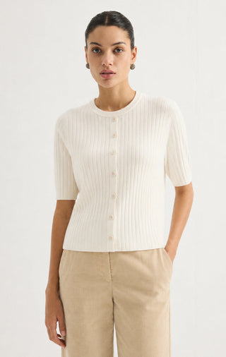 Short-Sleeve Ribbed Knit Cardigan