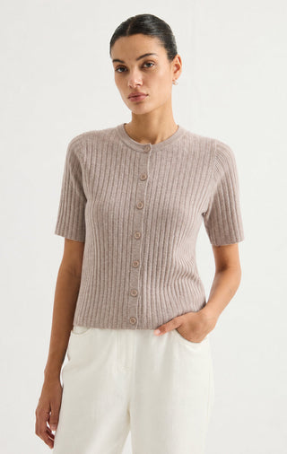 Short-Sleeve Ribbed Knit Cardigan