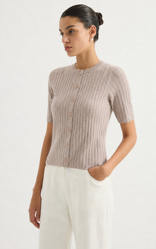 Short-Sleeve Ribbed Knit Cardigan