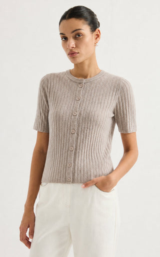 Short-Sleeve Ribbed Knit Cardigan