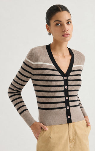 Contrast Stripe Ribbed Knit Cardigan