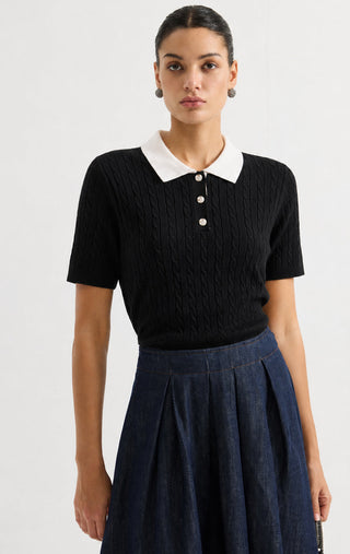 Cable Knit Polo Short Sleeve Sweater