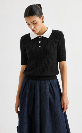 Cable Knit Polo Short Sleeve Sweater