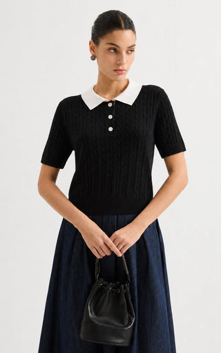 Cable Knit Polo Short Sleeve Sweater