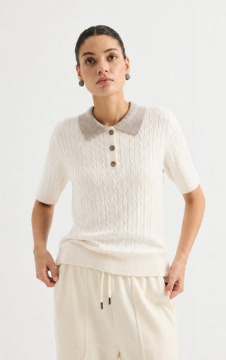 Cable Knit Polo Short Sleeve Sweater