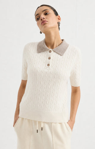 Cable Knit Polo Short Sleeve Sweater