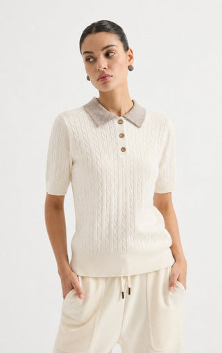Cable Knit Polo Short Sleeve Sweater