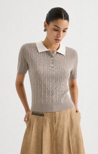 Cable Knit Polo Short Sleeve Sweater