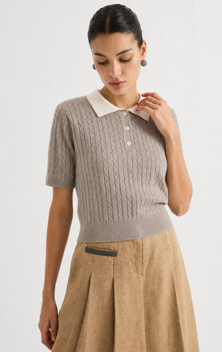 Cable Knit Polo Short Sleeve Sweater