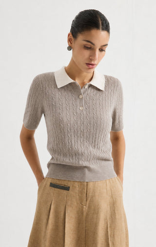 Cable Knit Polo Short Sleeve Sweater