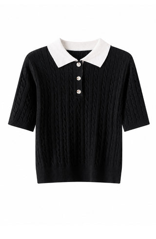 Cable Knit Polo Short Sleeve Sweater