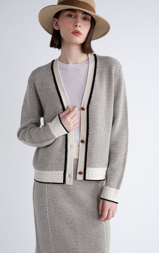 Gray cardigan front with black trim, brown buttons, cream collar and cuffs
