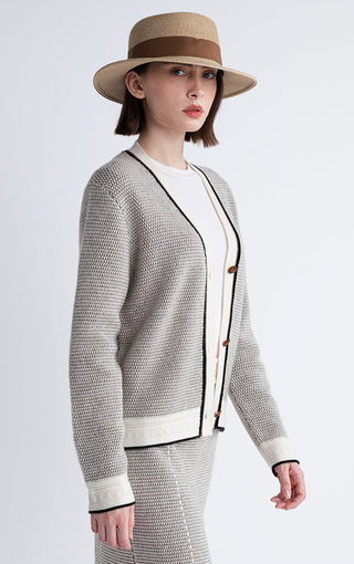 Gray cardigan side view with black-trimmed front, brown buttons, cream cuffs