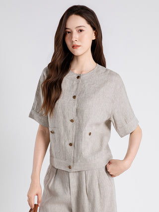 Vintage Button Linen Short-Sleeve blouse