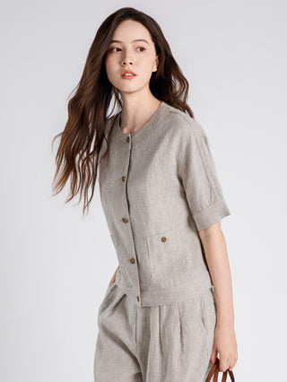 Vintage Button Linen Short-Sleeve blouse