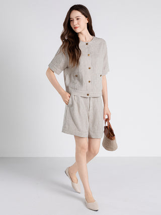 Vintage Button Linen Short-Sleeve blouse