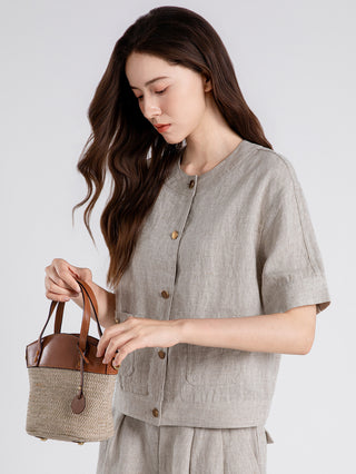 Vintage Button Linen Short-Sleeve blouse
