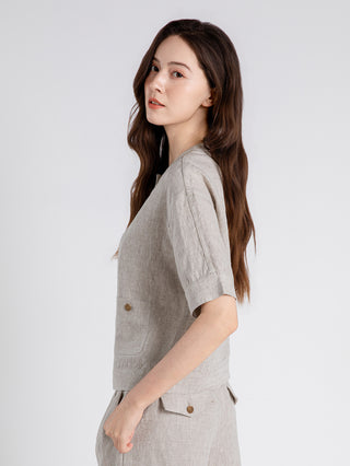 Vintage Button Linen Short-Sleeve blouse