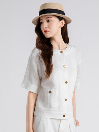 Vintage Button Linen Short-Sleeve blouse