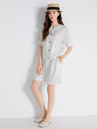 Vintage Button Linen Short-Sleeve blouse