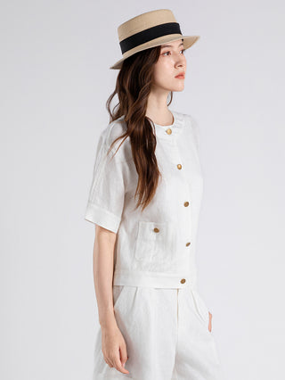 Vintage Button Linen Short-Sleeve blouse