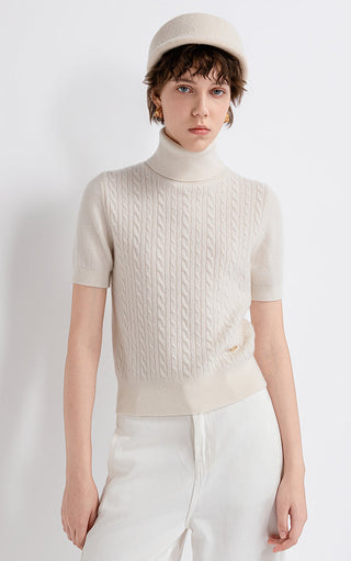 Cream cashmere cable-knit short-sleeve turtleneck sweater with ribbed hem and collar