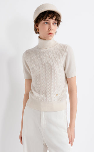 Cream cashmere cable-knit short-sleeve turtleneck sweater with ribbed hem and cuffs