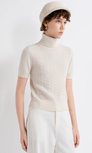 Cream cashmere cable-knit short-sleeve turtleneck sweater, close-knit cable texture