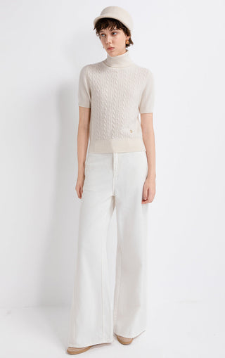 Cream cashmere cable-knit short-sleeve turtleneck sweater with ribbed knit trim