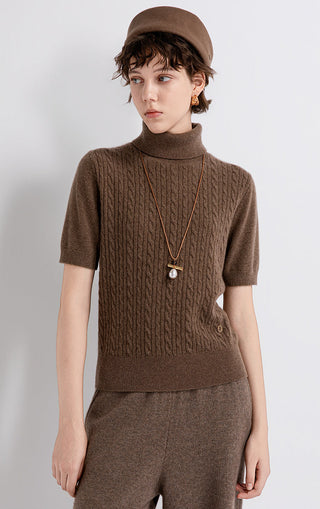 Brown cashmere cable-knit short-sleeve turtleneck sweater with ribbed hem and collar