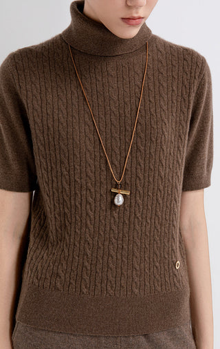 Brown cashmere cable-knit short-sleeve turtleneck sweater with side button detail