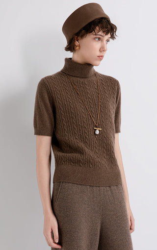 Brown cashmere cable-knit short-sleeve turtleneck sweater with ribbed collar