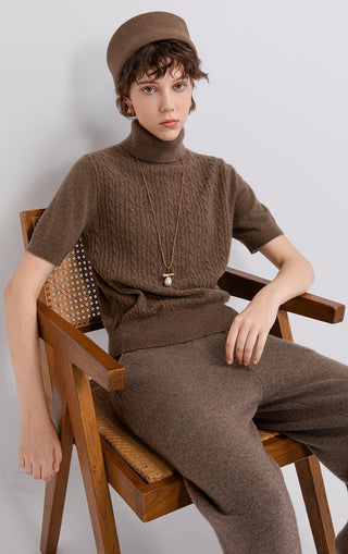 Brown cashmere cable-knit short-sleeve turtleneck sweater with textured cable stitch