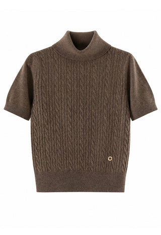Brown cashmere cable-knit short-sleeve turtleneck sweater with small metal logo detail