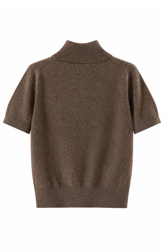 Brown cashmere cable-knit short-sleeve turtleneck sweater with ribbed collar and knit texture
