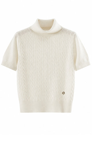 White cashmere cable-knit short-sleeve turtleneck sweater with small metal logo detail