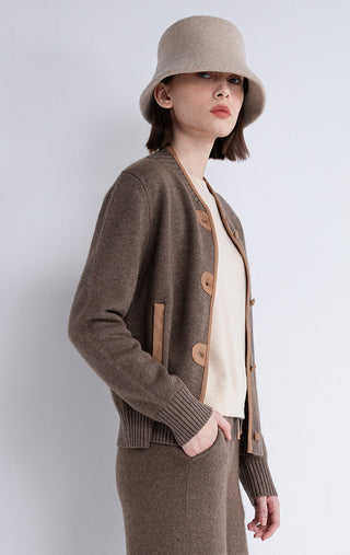 Dark camel cardigan with contrast trim edging, long sleeves, ribbed cuffs and hem