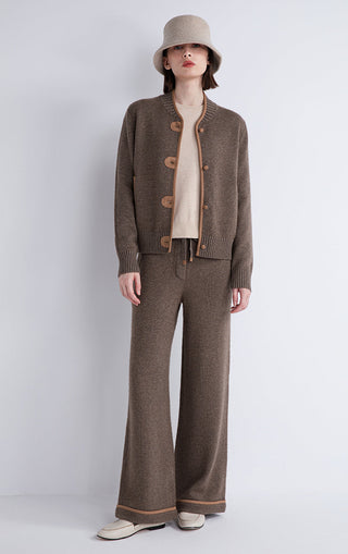 Dark camel knit cardigan full-length view with contrast trim and button front