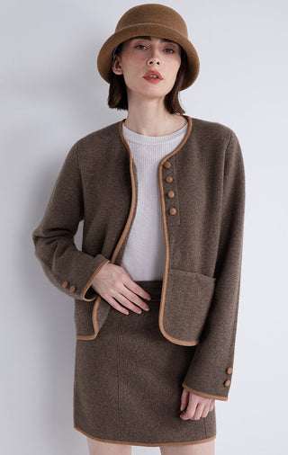 Dark brown wool-cashmere jacket with contrast trim, button placket, and pockets