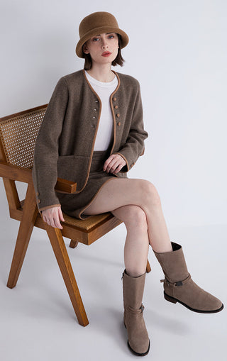 Dark brown wool-cashmere jacket with contrast trim, button front, and patch pockets