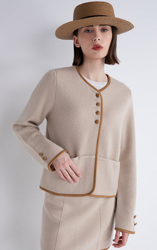 Camel wool-cashmere jacket with contrast trim, button placket, and patch pockets