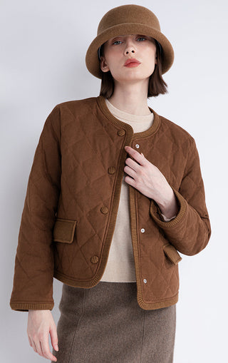 Brown quilted wool-blend short jacket, snap button placket and side pockets