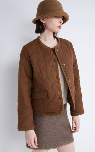 Brown quilted short jacket with stand collar, button closure, chest patch pocket