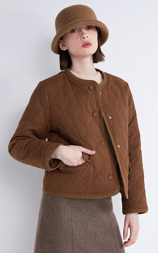 Brown quilted short jacket detail view with button front and ribbed neckline