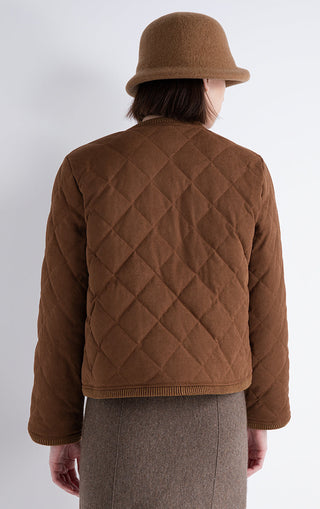 Brown quilted short jacket back view with diamond pattern and ribbed hem