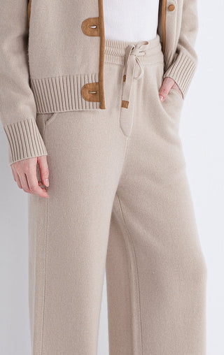 Camel lounge knit pants with drawstring waist and side pockets, wide leg