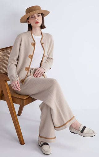 Camel wool-cashmere lounge knit pants, wide leg, ribbed cuffs and contrast trim